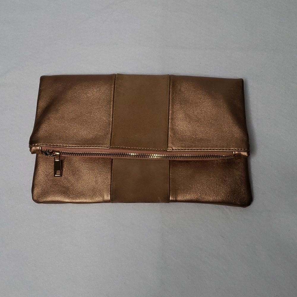 BP Nordstrom Metallic Fold Over Zip Clutch Bronze Faux Leather Evening Bag OS